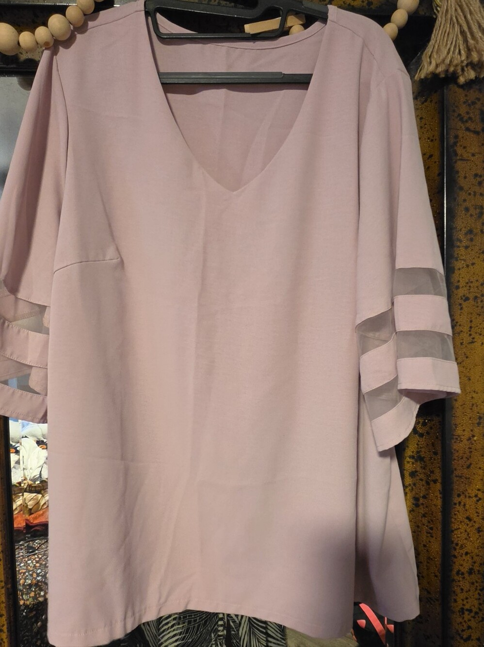 Blush Pink V-Neck Tunic with Sheer Sleeve Stripes